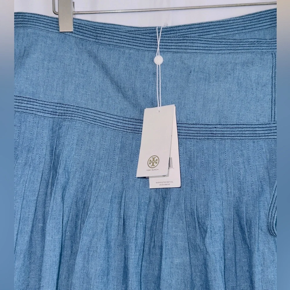 Tory Burch NWT Chambray linen blend pleated tiered wrap side tie midi skirt 6
